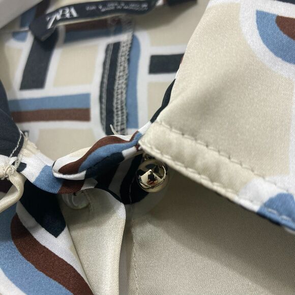 Zara Satin Retro Shirt Geo Chain Cream Blue Button Up Silky Collared Size S - Picture 8 of 16